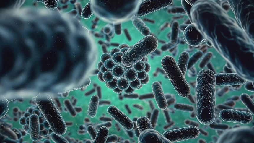 A 3d medical animation depicts numerous dark rod shaped bacteria and spherical clusters floating through a teal colored fluid environment