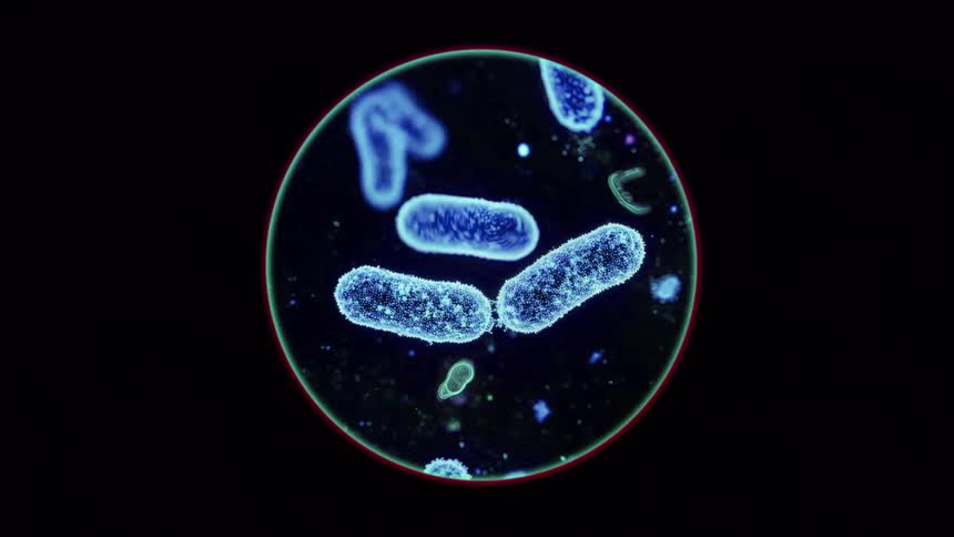A 3d medical animation viewed through a circular lens shows several glowing blue rod shaped bacteria floating against a dark background
