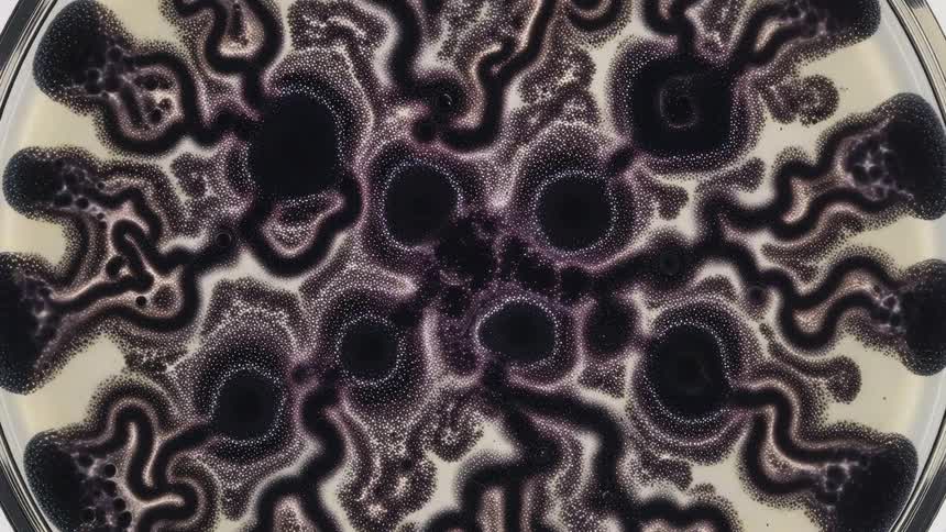 Black fungal colonies rapidly expand across a beige agar surface in a petri dish forming intricate veinlike patterns and dense spore clusters that eventually cover the entire circular frame