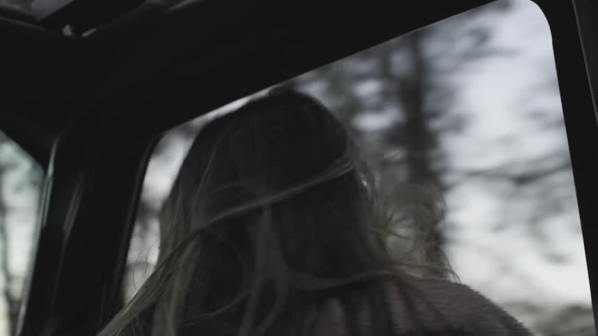 Woman seen in profile inside a vehicle with loose hair moved by the wind and blurred external structures in the background