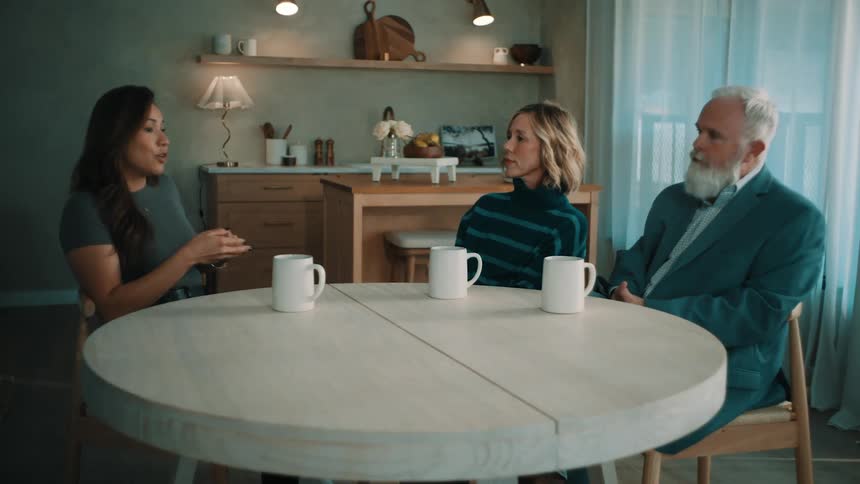 Three individuals are seated around a circular wooden table in a dimly lit modern interior setting the woman on the left appears to be leading the conversation gesturing with her hands while the other two listen attentively