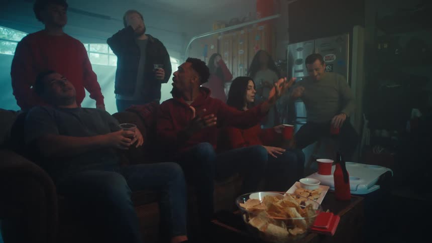 A group of people watch something offscreen as they talk and drink