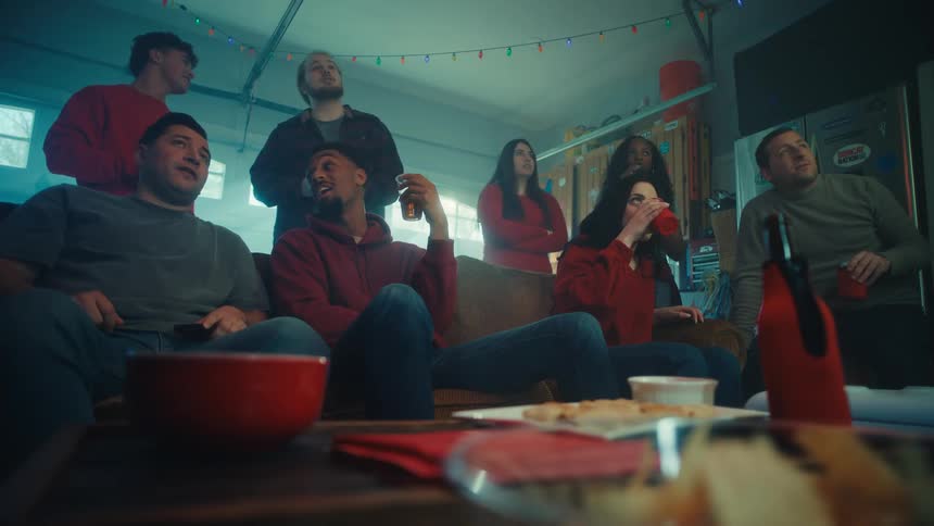 Group of friends gathered in a living room watch offscreen content with drinks and snacks in front