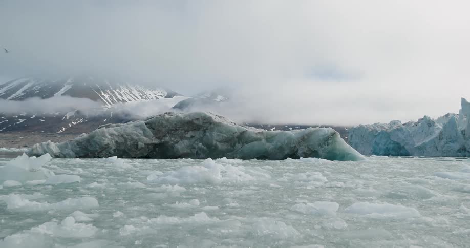 A dark weathered iceberg sits prominently in a sea filled with smaller fragments of white icein the background snowdusted mountains are partially obscured by a thick layer of lowhanging clouds and mist