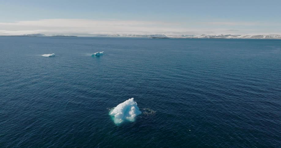 Floating ice blocks in a blue ocean with an icy coastline on the horizon under a clear sky