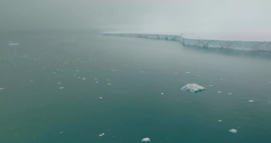 Ice shelf extending across the ocean with small floating fragments under dense fog