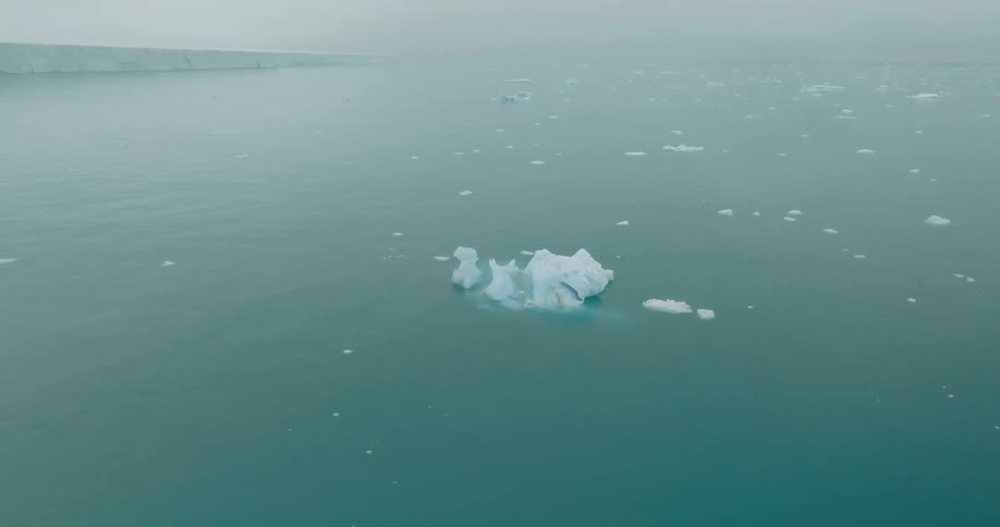 An aerial shot captures a bird flying past a small iceberg floating in misty icy waters near a distant glacier