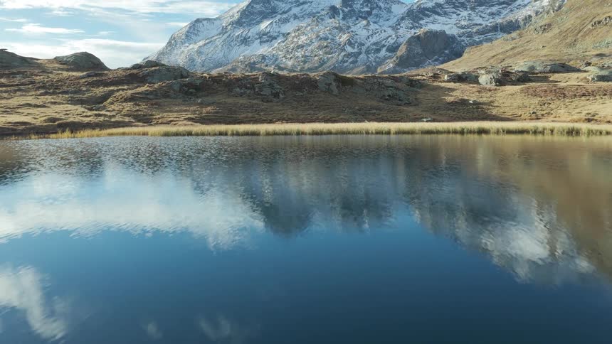 The mountains reflect on the lake water