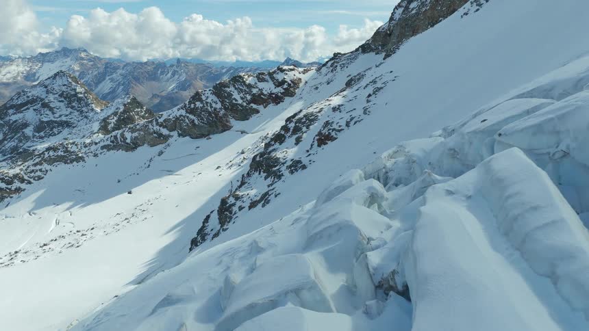Snowcovered alpine slope with rocky formations and a glacier under a partly cloudy sky