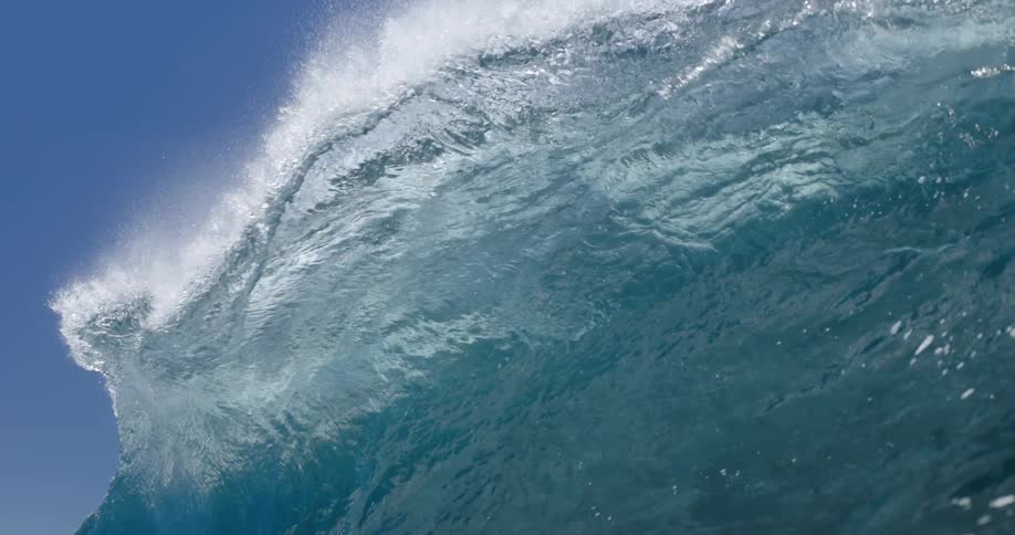 Ocean wave rising with a foamy crest under a clear sky