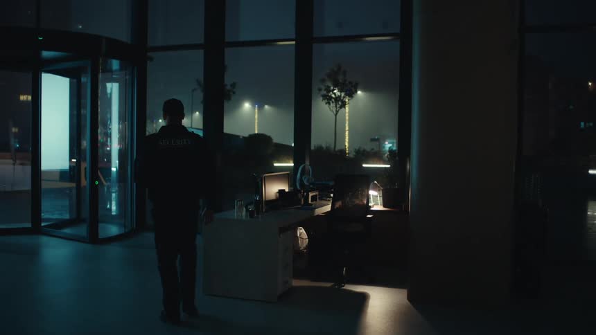 Security guard stands in a dark room pouring coffee into a mug and walks out the door