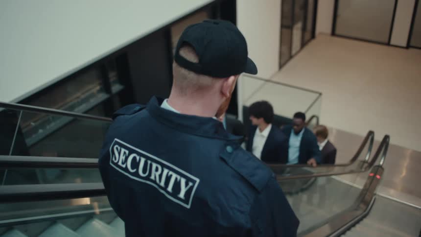 A view from behind a security guard as he descends an escalator into a busy modern building lobby where several people in business attire are walking and talking