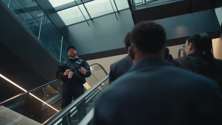 A group of professionals in business attire rides an upward escalator inside a modern office buildingthe camera follows them from behind eventually passing a security guard who is drinking coffee on the descending side