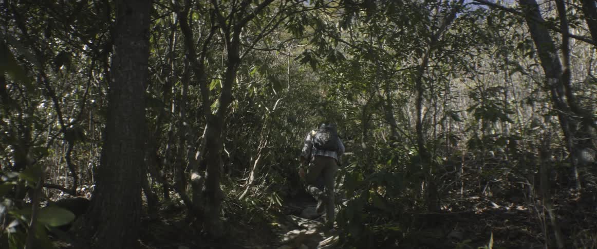 Two people wearing backpacks hike a narrow trail in the trees