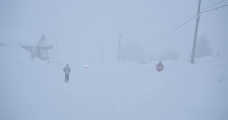A person walks away from the camera down a snowy road during a heavy blizzard where large snow drifts line the path and a stop sign stands partially covered by the deep snow