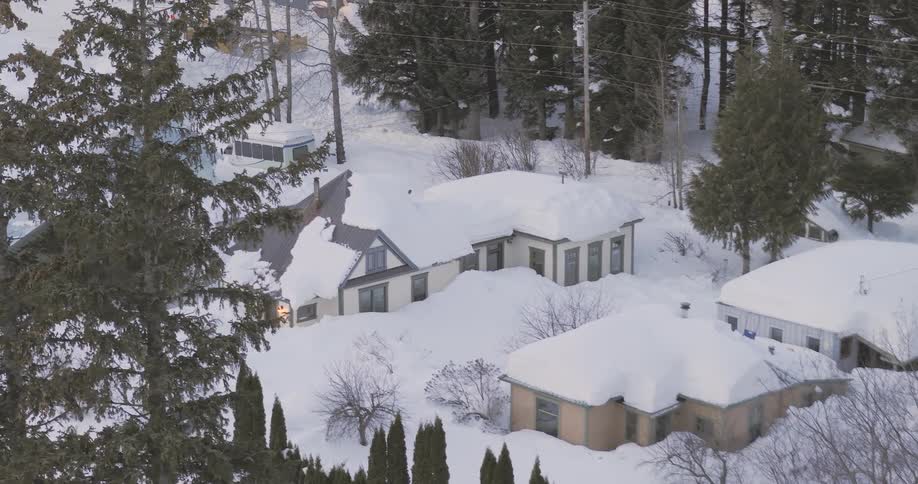 Heavy snow covers a residential neighborhood bordered by conifers