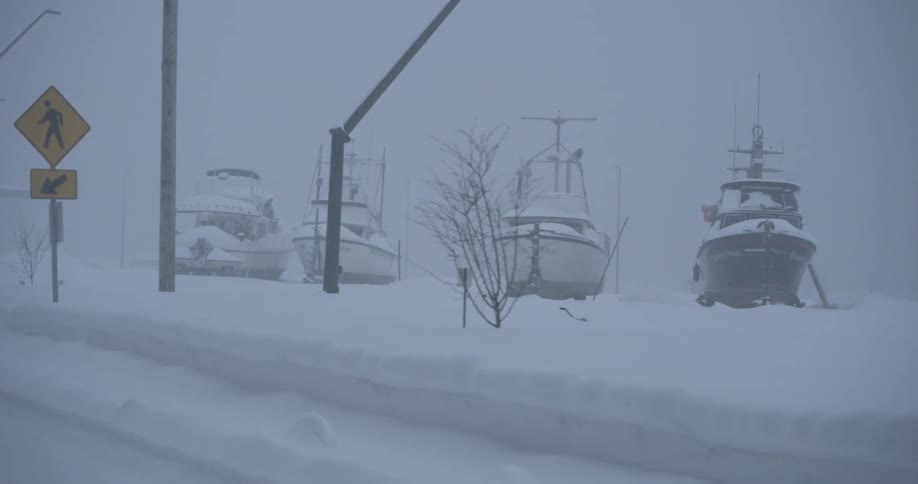 Boats are heavily covered in snow and barely visible behind a snow drifted roadside during a heavy winter blizzard