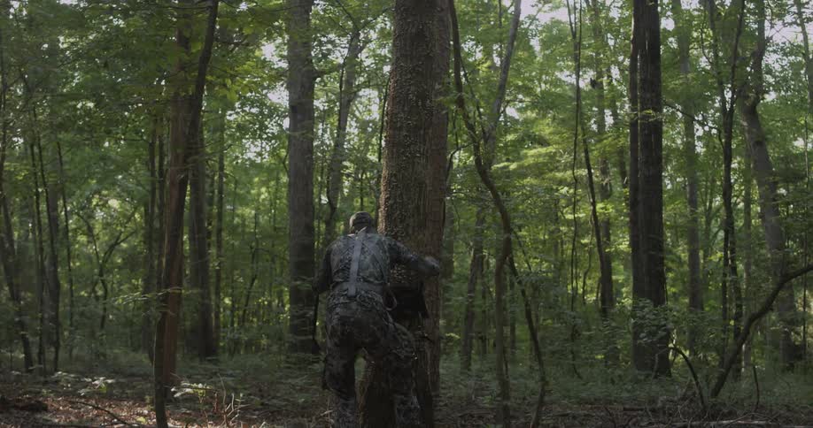 A man in camouflage attaches straps to a forest tree