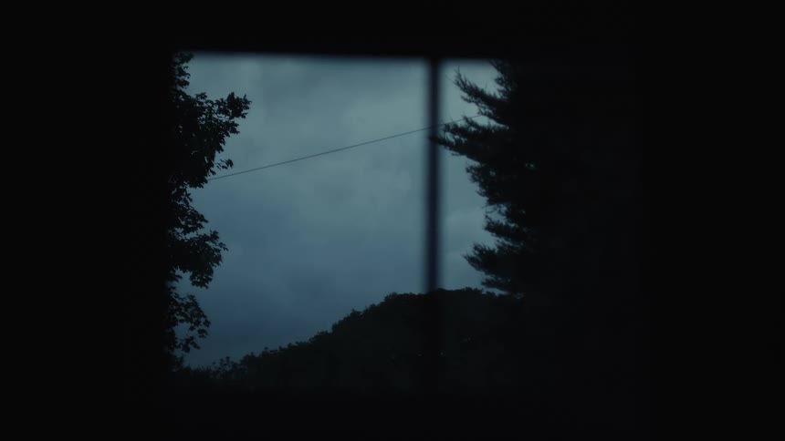 A dark moody view of trees and distant hills is seen through a window at dusk