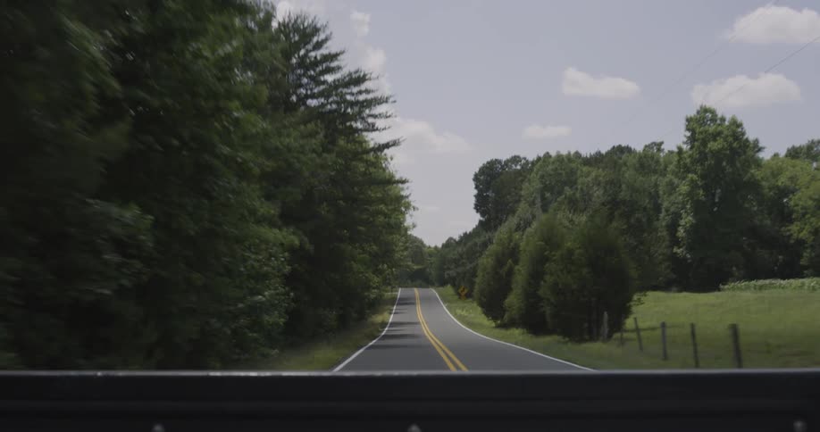 Trees line the narrow road