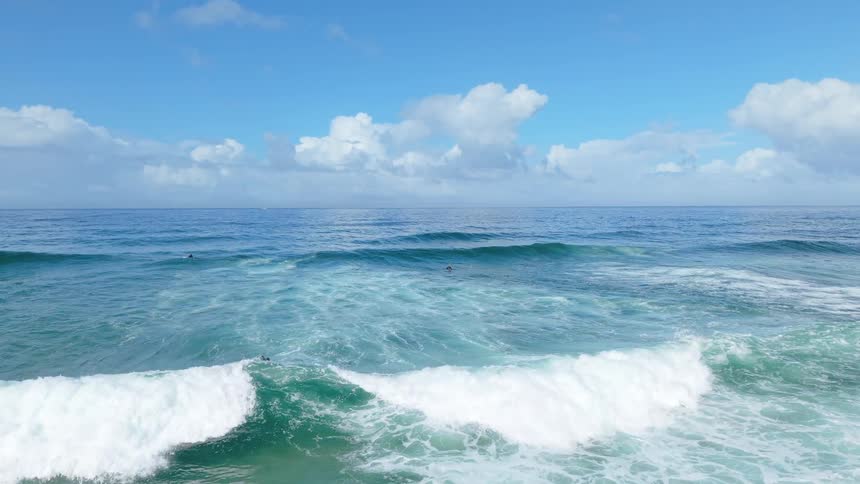 An aerial view of people surfing