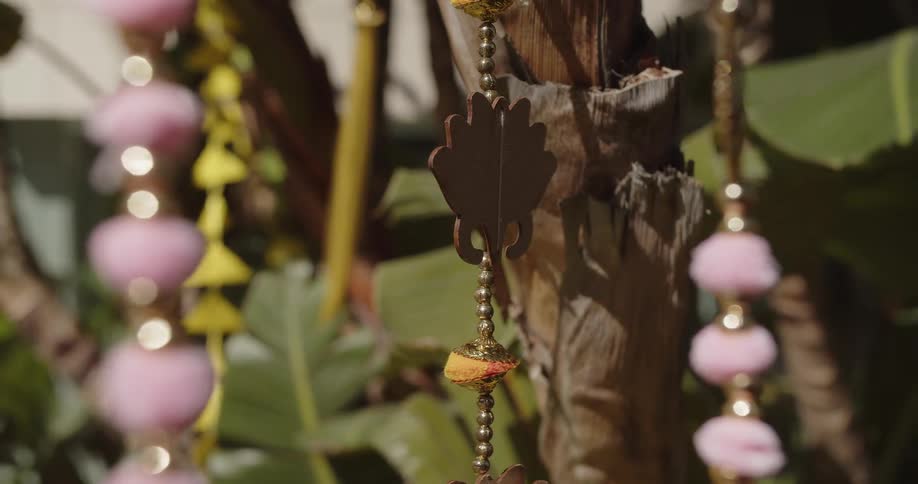 A close up view shows a decorative string with a pink and green flower ornament and pink pom poms hanging from a tree