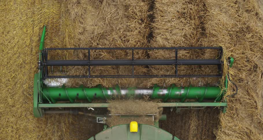 Agricultural harvester processing straw in a field viewed from above
