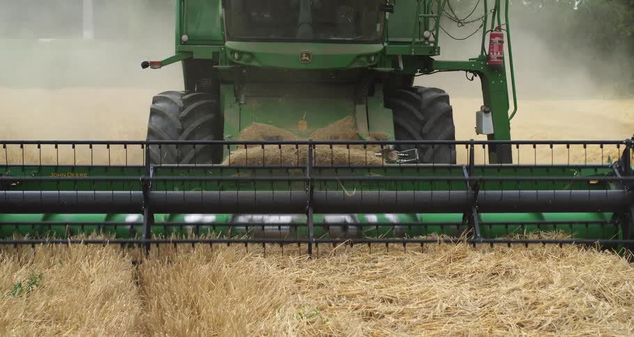 The video shows a john deere combine harvester moving forward through a field of dry golden grain its large rotating header cuts the crop at the base and pulls the stalks into the machine for processing