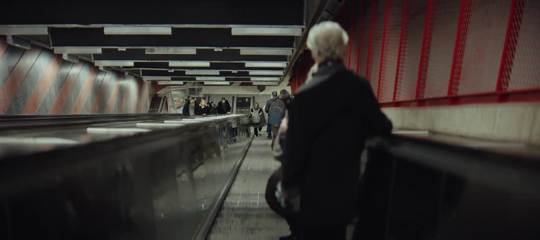 Person on a station escalator seen from behind with other passengers in the background
