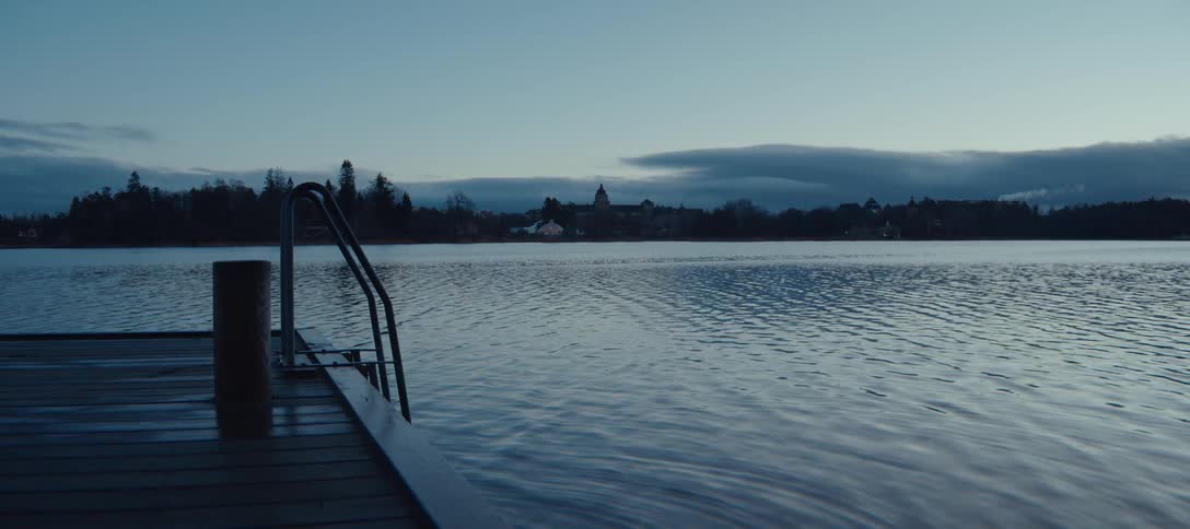 A wide shot captures a serene lake at dawn from a wooden pier featuring a swimming ladder