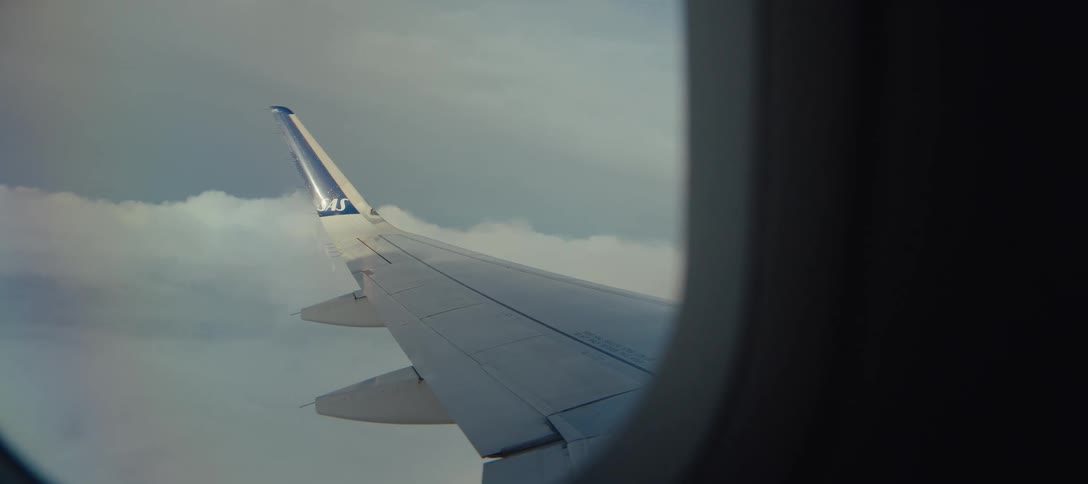 The wing of an sas airplane cuts through a thick textured layer of white clouds under a dim sky captured from a window seat the perspective shows the aircrafts steady flight as it glides over the soft undulating cloud cover