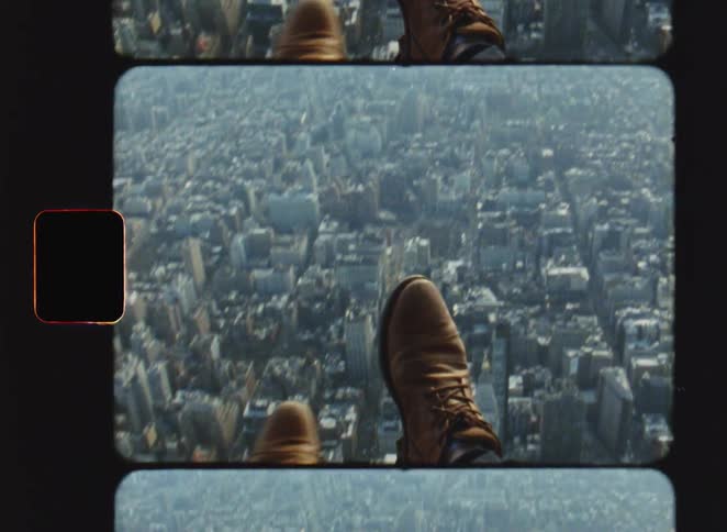 The persons feet dangle out of the plane over the large city