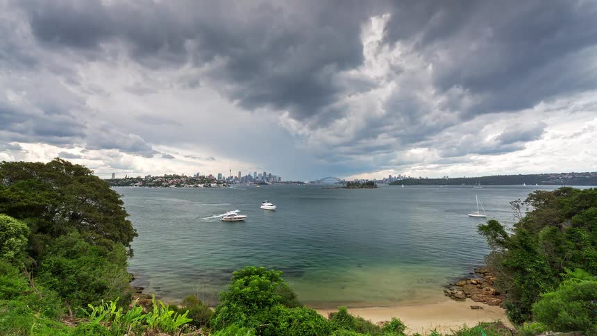 A cluster of boats hovers near the shoreline of a small island their hulls shifting gently on the lake under the muted light of a cloudy day across the water the distant city skyline rises through the haze over the lake
