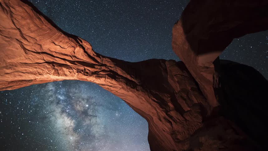 The milky way can be seen through a natural arch as the earth spins