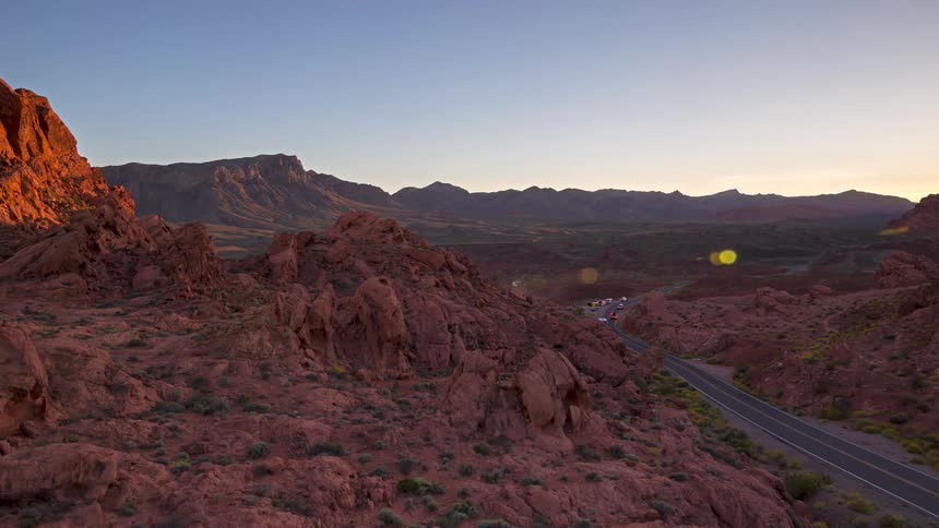 Traffic flows on the highway in the desert
