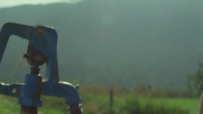 A man crouches by a water source while filling a container in a rural grassy area
