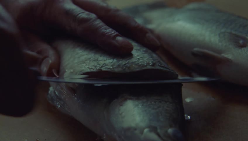 Hands cutting fresh fish on a wet surface