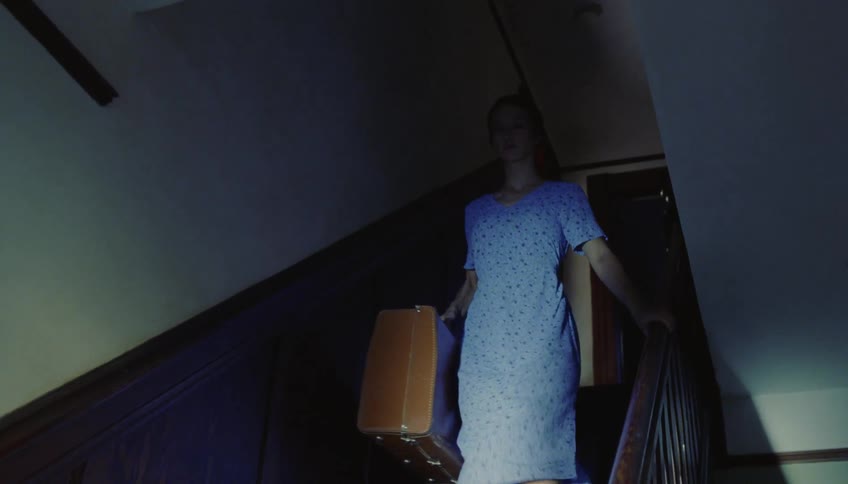Woman walking down an indoor staircase carrying a travel suitcase