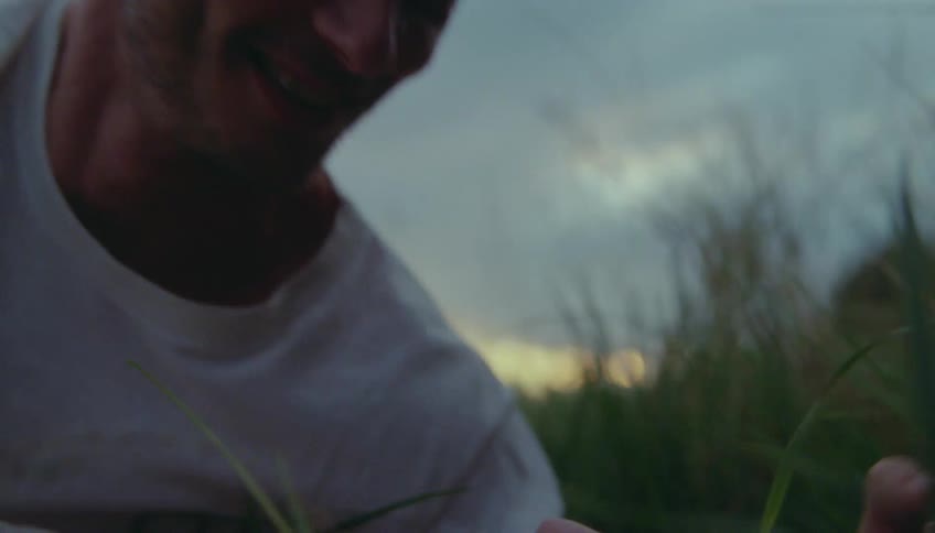 A romantic couple sharing an intimate kiss while lying in the grass at dusk