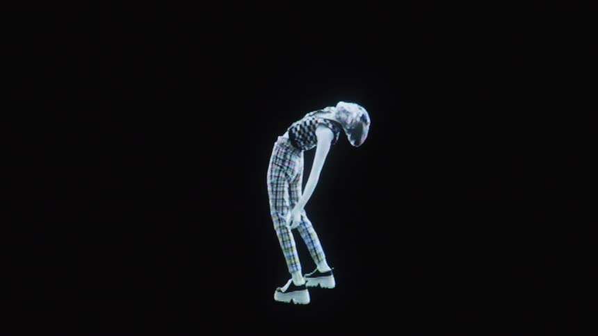 Human figure leans backward against a black background with contrasting lighting