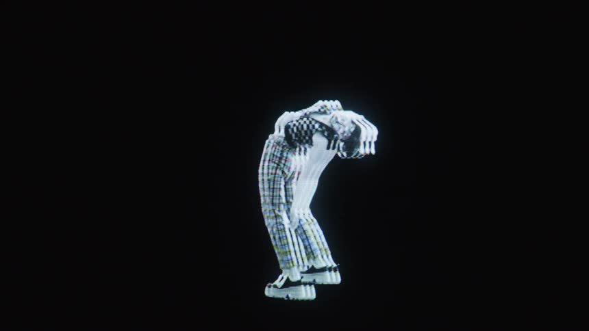 Stylized human figure with digital duplication effect performs a body movement against a black background