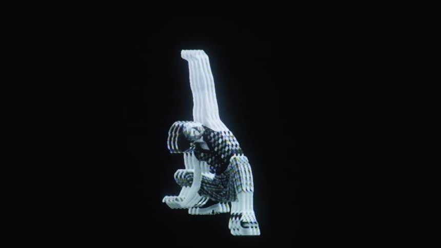 A masked woman with short hair wearing a checkered vest and plaid pants dances against a solid black background in a glowing blue and white artistic style