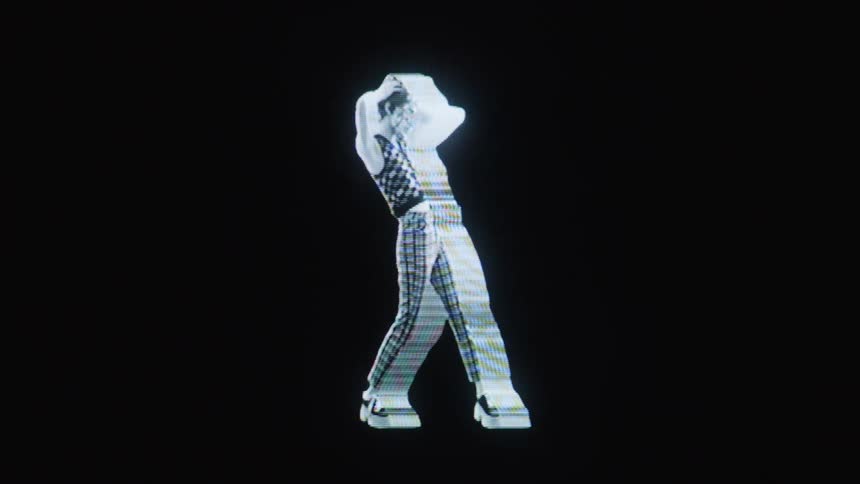 Black and white digital animation of a person contrasts with the black background