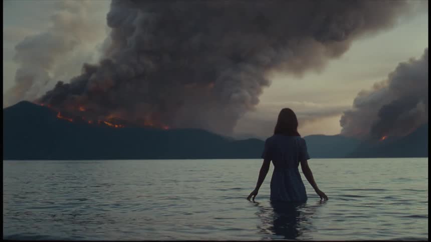 Woman wearing a long dress walks into shallow water as volcanoes erupt along the coast