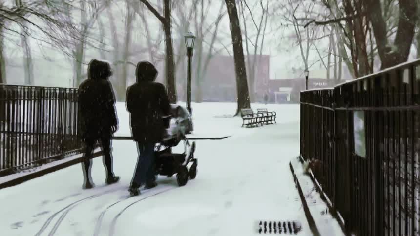 Two people wearing dark winter coats walk away from the camera through a snowy park while pushing a stroller along a path lined by black metal fences and bare trees during a light snowfall