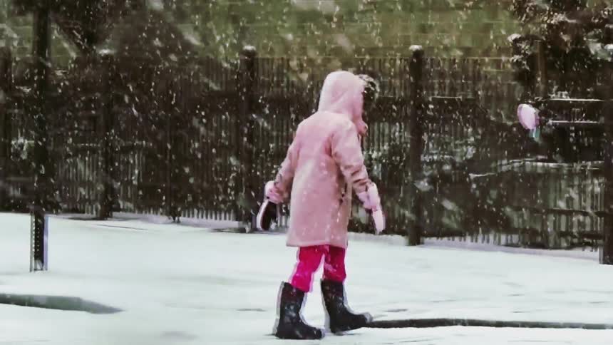 Heavy snow falls as people and little girl cross a street