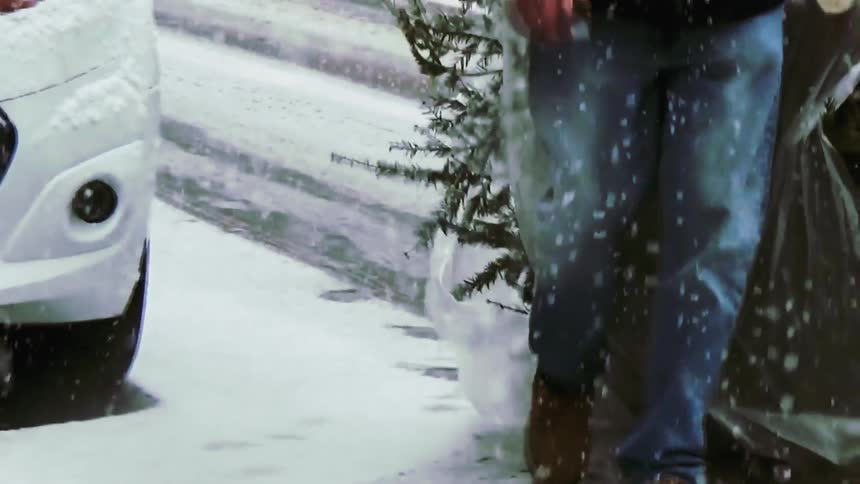 Person with a christmas tree walking along a snowcovered sidewalk next to a parked vehicle