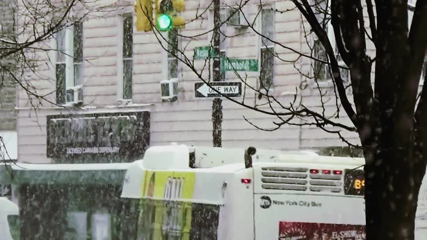 A winter city street scene with bare trees and vehicles on a busy street during light snowfall