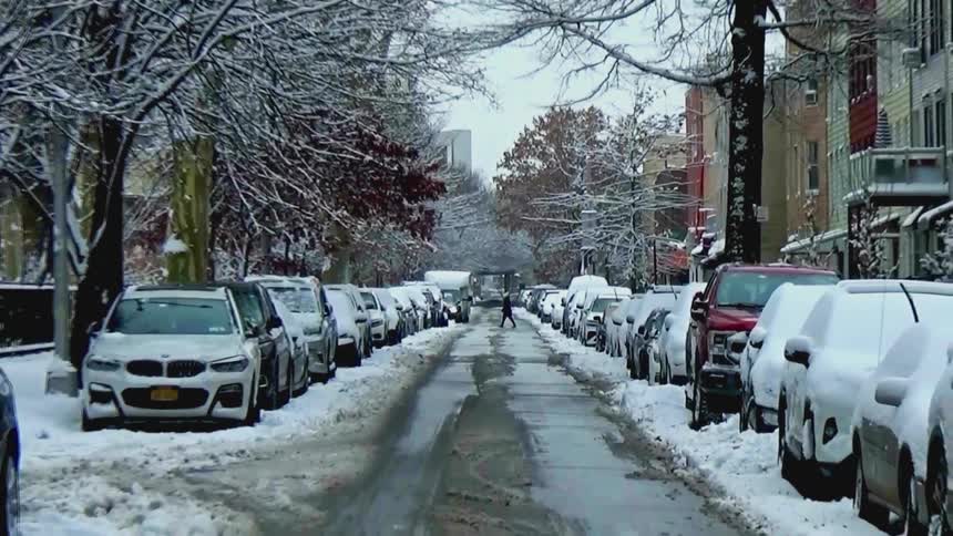 A winter city residential street is lined with snow covered parked cars and bare trees under a light snowfall