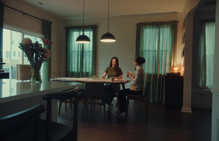 Two friends sit at a dining table engaged in conversation under warm pendant lights in a dimly lit home